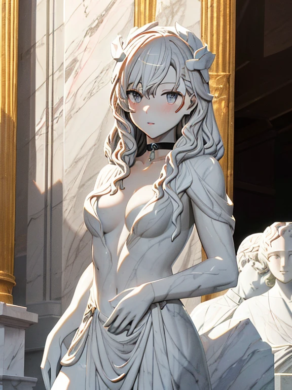(White marble statue:1.5), Stone statue, Statue of the Goddess, Ancient Greek Art, Misaka Mikoto, 1girl, black choker, uhd, retina, masterpiece, ccurate, anatomically correct, textured skin, super detail, high details, high quality, best quality, highres, 4K