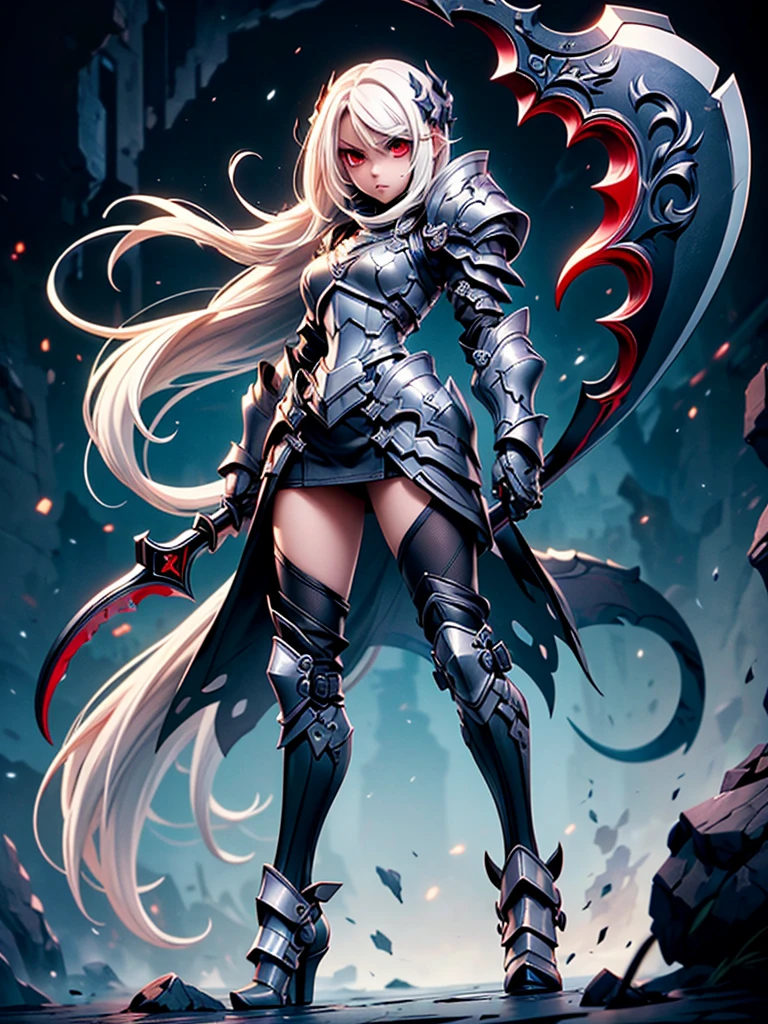 (((masterpiece, best quality, high detailed, 8k))) Design a layout showcase Gaming character, (1girl) Slender cute girl character with short stylish white hair and piercing eyes. She wears a demonic armor in purple, black, and white.  wields a large, stylized scythe. The character has a menacing expression, with a chaotic environment as the background. ((full body front view)). ((slender)), (extremely detailed:1.5), (long white hair:1.2), (piercing red eyes:1.2), (chaotic environment:1.1), (demonic armor:1.3), (stylized scythe:1.3).