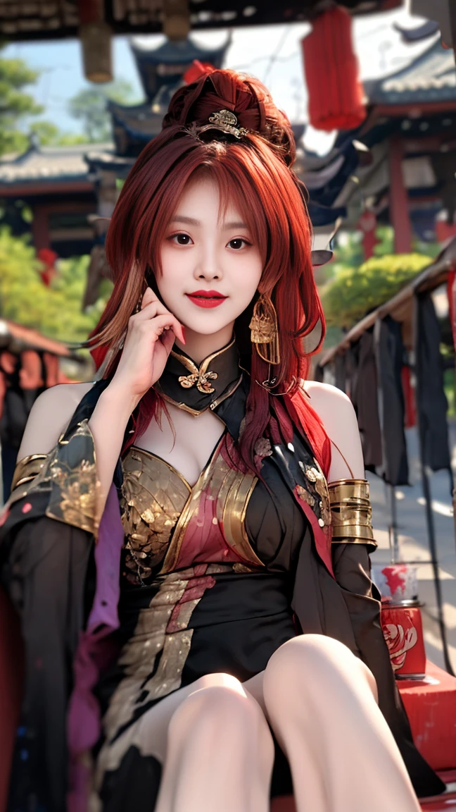 1girl, (ulzzang-6500:0.7), kpop idol, yae miko, detached sleeves, bare shoulders, pink hair, long hair, japanese clothes, best quality, (painting:1.5), (hair ornament:1.35), jewelry, purple eyes, earrings, breasts, torii,  cherry blossoms,  lantern light, depth of field, detailed face, face focus, ribbon_trim, (looking at viewer:1.25), nontraditional miko, shiny skin, long sleeves, smile, thick lips, game cg, hands on lips, east asian architecture, (blurry background:1.2), sitting, upper body,