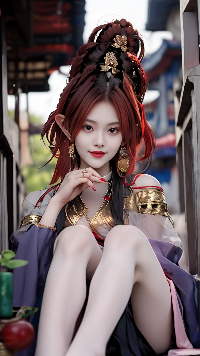 1girl, (ulzzang-6500:0.7), kpop idol, yae miko, detached sleeves, bare shoulders, pink hair, long hair, japanese clothes, best quality, (painting:1.5), (hair ornament:1.35), jewelry, purple eyes, earrings, breasts, torii,  cherry blossoms,  lantern light, depth of field, detailed face, face focus, ribbon_trim, (looking at viewer:1.25), nontraditional miko, shiny skin, long sleeves, smile, thick lips, game cg, hands on lips, east asian architecture, (blurry background:1.2), sitting, upper body,