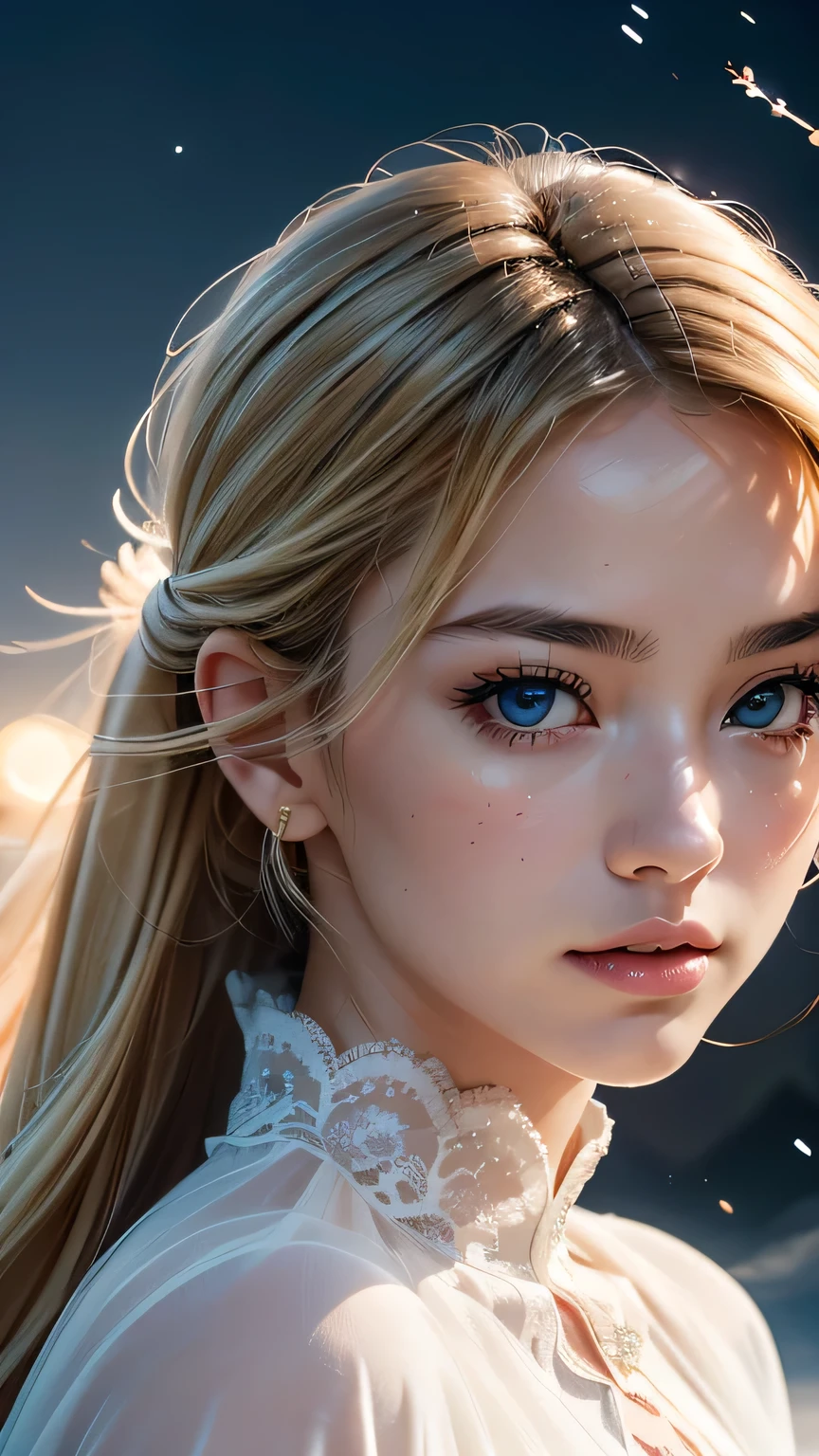 masterpiece, (最high quality: 1.2), (Super Fine: 1.2), figure, (Very delicate and beautiful: 1.2), Film Angle, floating, (Beautiful detailing: 1.1), (Detail Light: 1.1), Film Light, Delicate Sky, woman, Blonde Hair, black eye, (High Ponytail: 1.1), Cape, Glowing Eyes, (moon: 1.2), (moonlight: 1.1), Starry Sky, (Particles of light: 1.1), fog , Snow Painting, sketch, flowering､masterpiece, 最high quality, high quality, High resolution, (Dynamic pose＿random)､((Face close-up))､
