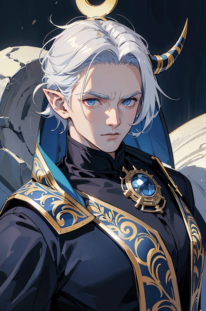 older male, man, muscular, very short hair, white hair, dark blue eyes, dark blue horns, pointy ears, ornate fantasy armor, highly detailed, dark blue and gray color palette,