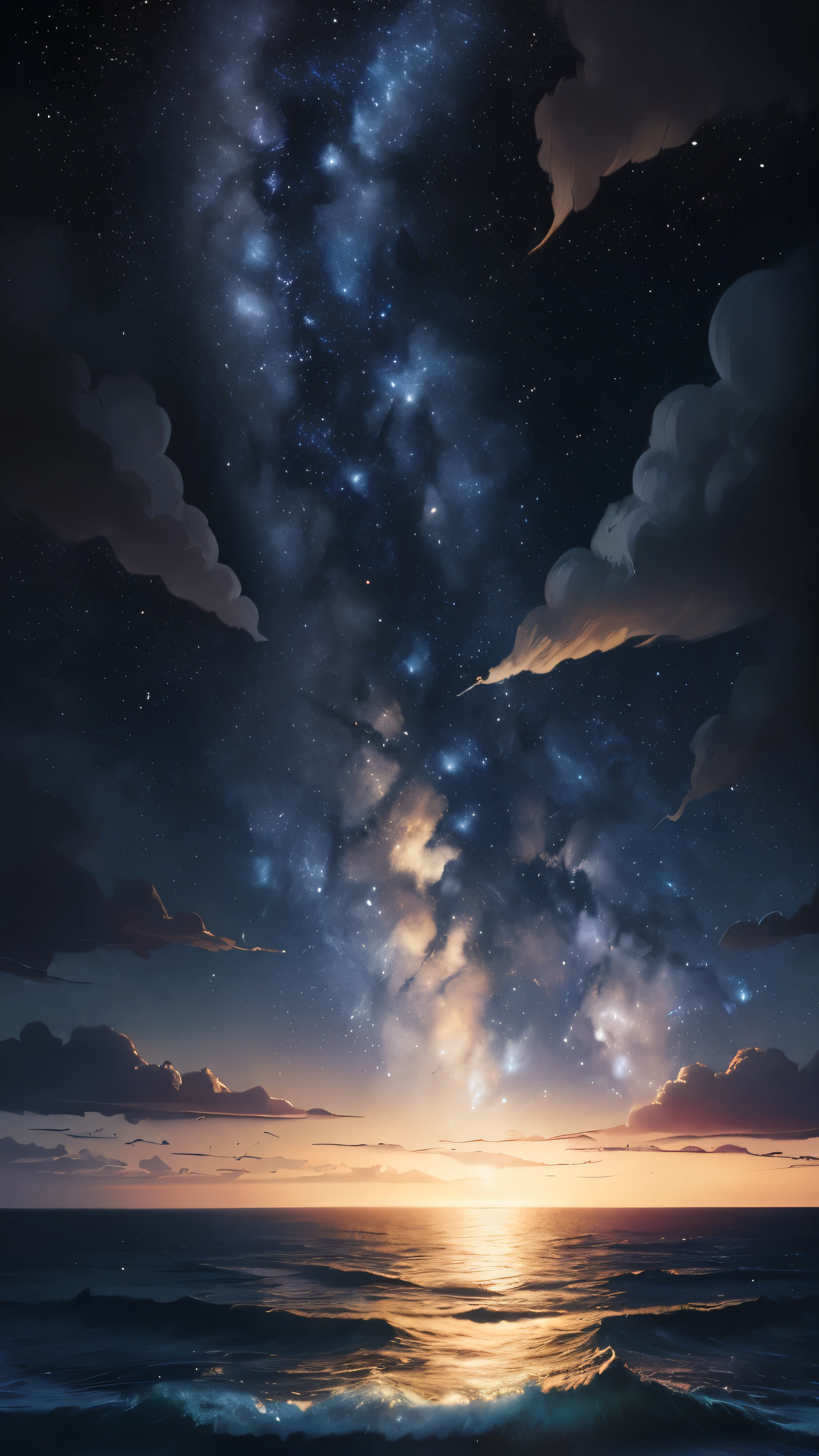 ((Best quality)), ((masterpiece)), (detailed) ,Digital illustration of a starry night sky with the ocean below in shades of black and blue.