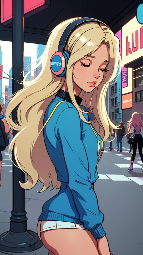 Street fashion girl, blue headphones, LOFI Retro, stylish, 1980s, new york city, morning, beautiful blonde long hair woman in her 20s, close your eyes