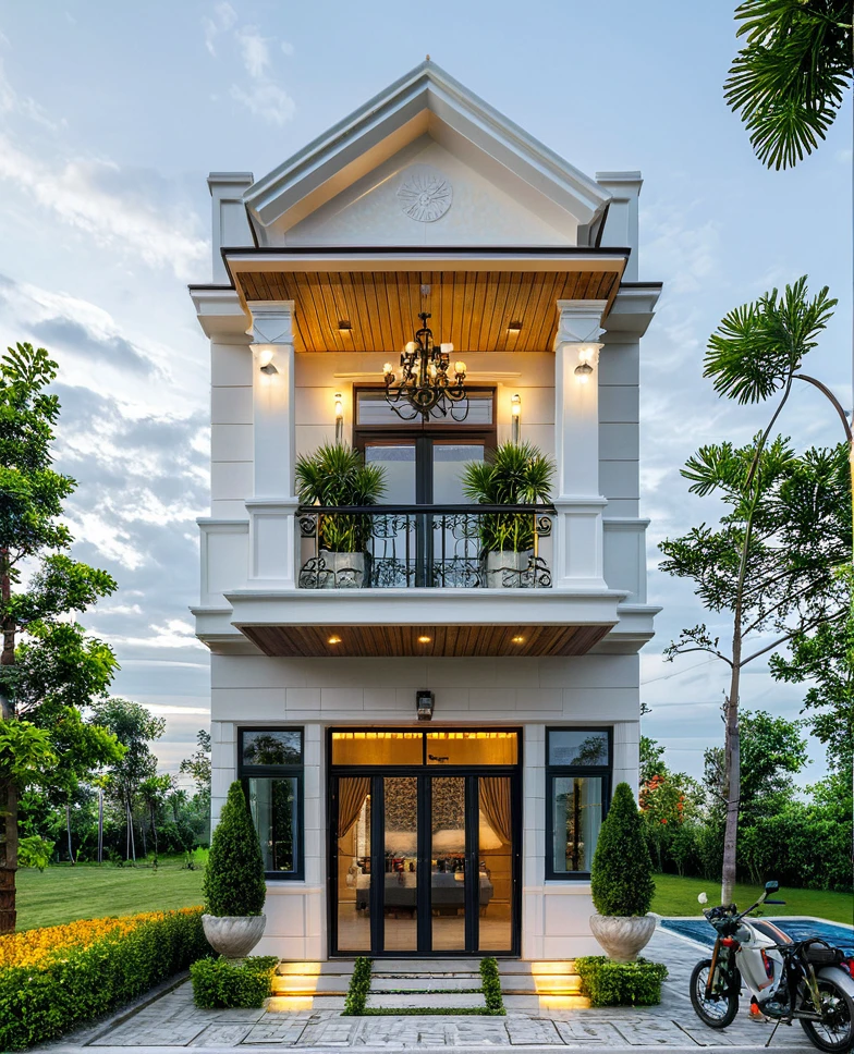 Masterpiece, high-end, best quality, authentic, super detailed, outdoor, aiaigroup, modern 2-storey townhouse, stairs, white walls combined with wood, wind encaustic tiles, iron gate, conwood ceiling, flowers , path, summer evening, grass, trees, sky, clouds, (daylight: 1.1)