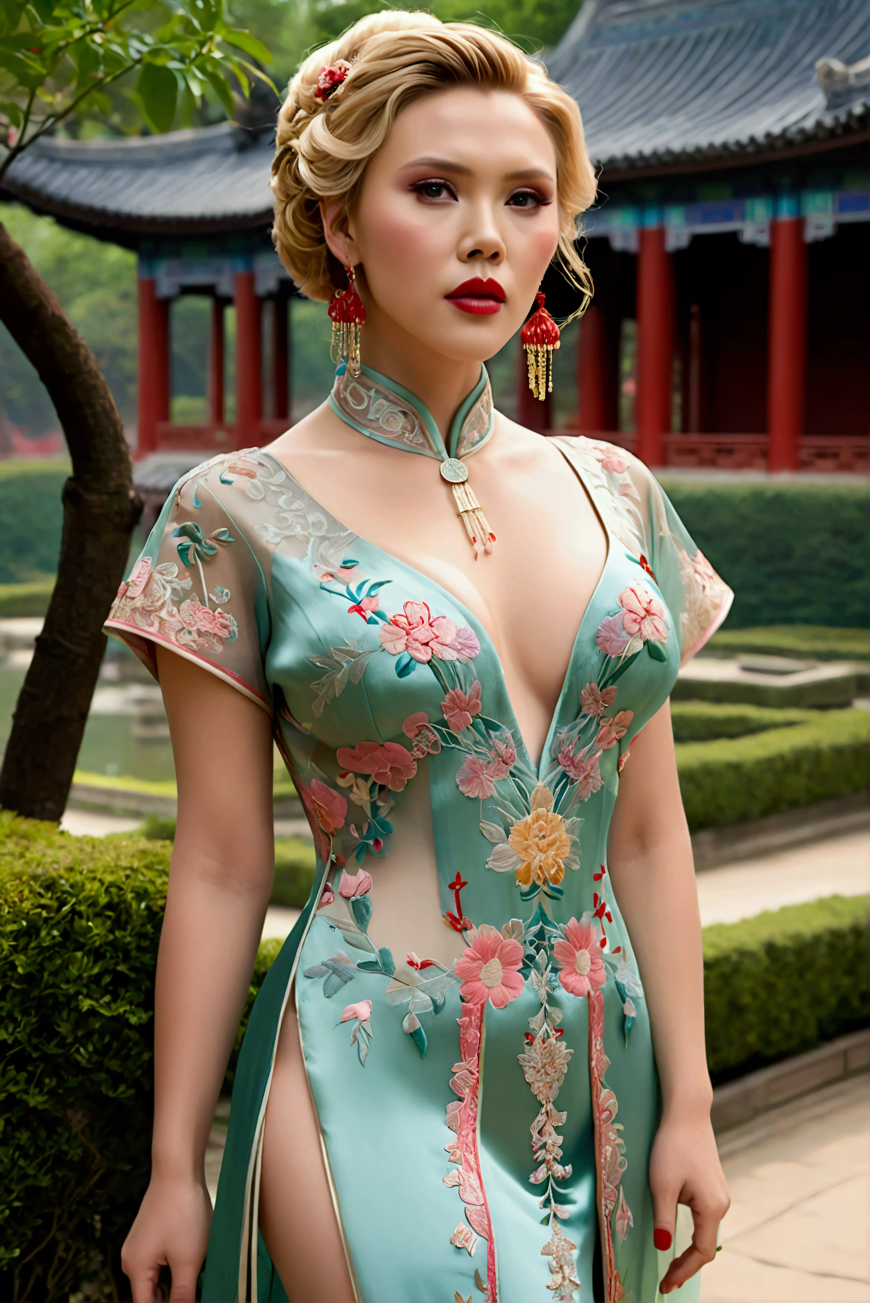 1 woman (Scarlett Johannsson, age 25, intricate silk Chinese dress with lots of embroidery sheer with several large slits, no underwear, traditional hairstyle and Chinese makeup) wandering through a palace garden
