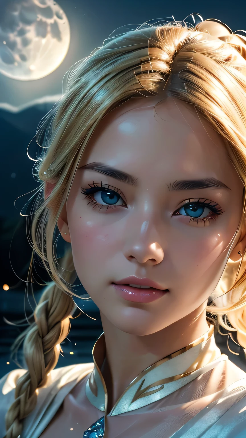 masterpiece, (最high quality: 1.2), (Super Fine: 1.2), figure, (Very delicate and beautiful: 1.2), Film Angle, floating, (Beautiful detailing: 1.1), (Detail Light: 1.1), Film Light, Delicate Sky, woman, Blonde Hair, black eye, (High Ponytail: 1.1), Cape, Glowing Eyes, (moon: 1.2), (moonlight: 1.1), Starry Sky, (Particles of light: 1.1), fog , Snow Painting, sketch, flowering、masterpiece, 最high quality, high quality, High resolution, (Dynamic pose_random)、((Face close-up))、