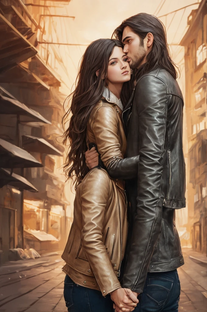 Masterpiece, Awesome clothes, (illustration), ((2 people)), ((handsome Young Couple Kissing and Hugging), (Russian mill style), fashion, leather jacket, (long hair), (be happy), (white skin), (Dark circles), handsome, party, toast, trend, Dark Grey,, close up, (grand background), (chiaroscuro)), face detailsที่ดี, face details, movie light, (depth of field), UHD, (upper body), black background