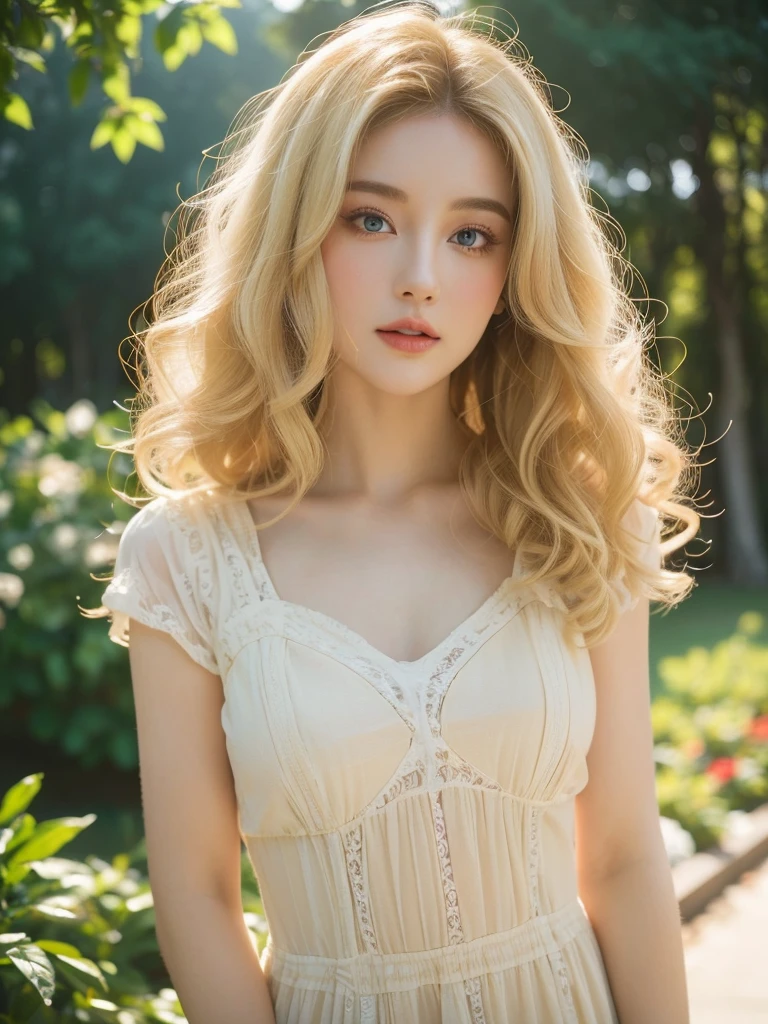 (close up of a beautiful 26 year old girl in a pale yellowvintage dress), movie stock photos, camera f1. 6, saturated colors, Vibrant, lifelike textures, Impressive classic lighting, Modern style, sexy full body photo, Evening, Curly hair has just been dyed light blonde