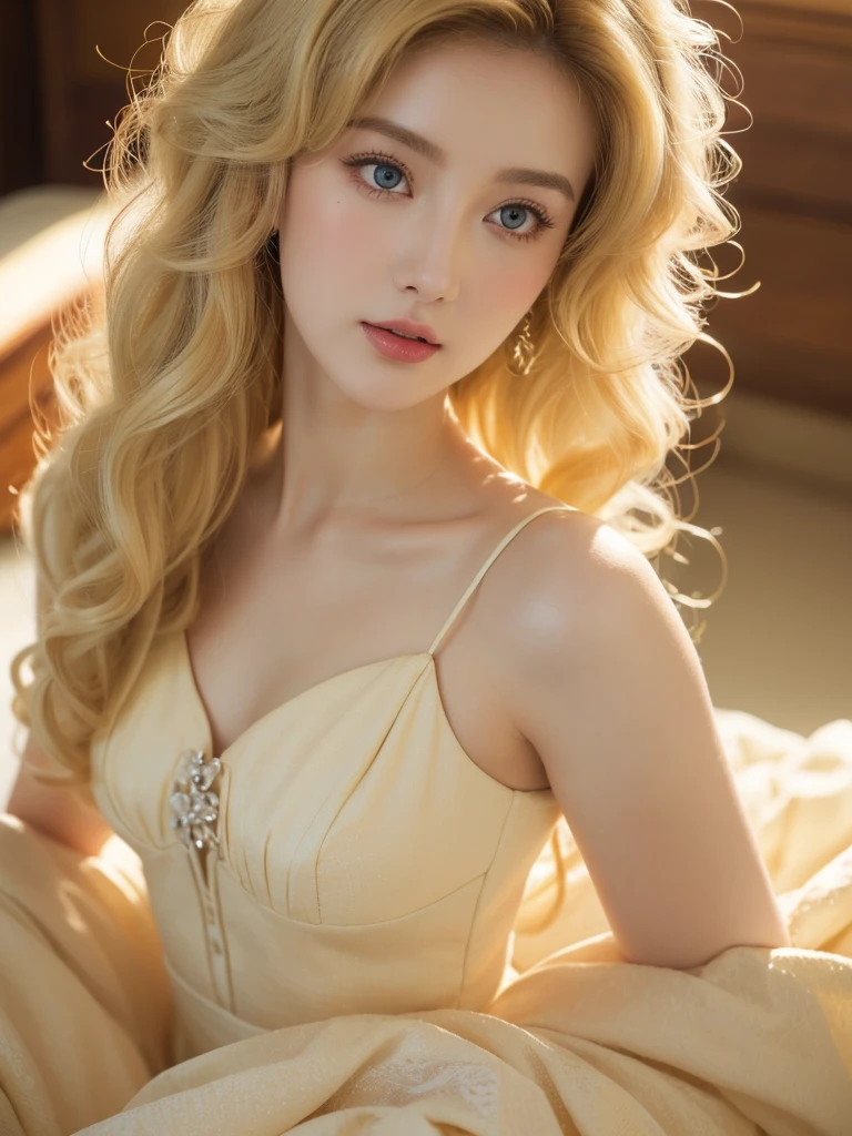 (close up of a beautiful 26 year old girl in a pale yellowvintage dress), movie stock photos, camera f1. 6, saturated colors, Vibrant, lifelike textures, Impressive classic lighting, Modern style, sexy full body photo, Evening, Curly hair has just been dyed light blonde