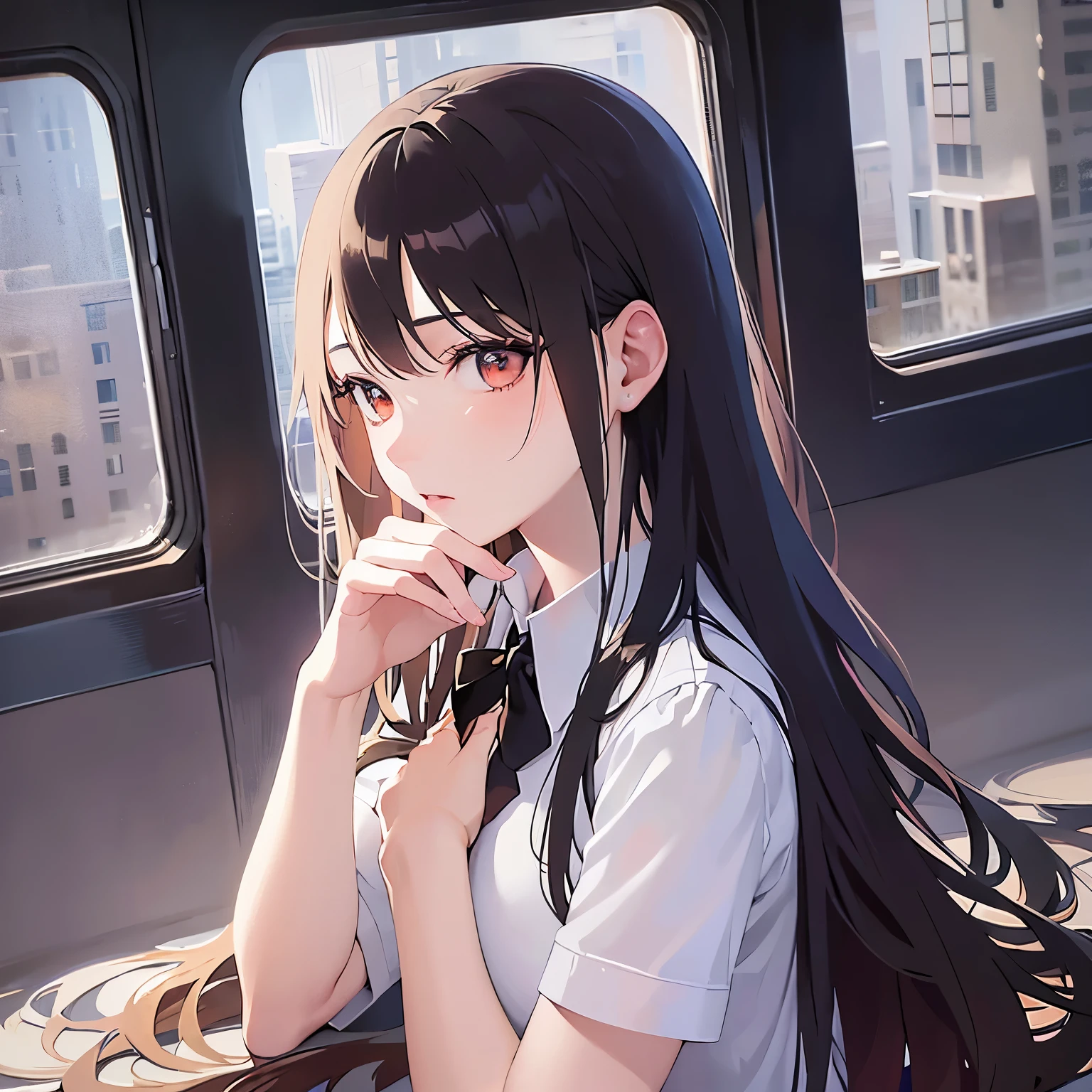 Detailed CG,Ultra-fine illustrations,masterpiece,Highest quality,BREAK(white collared shirt)BREAK,Realistic,Real person,RAW Photos,Realistic(Pale skin:1.2),Glowing Skin,Shiny Hair,(A 27-year-old woman with medium-length hair and bangs)and(Wavy Hair)and(Brown Hair)and(Orange eyes),(anguish:1.3),(Pale face),Background in the bus,Alone,(hand on own mouth),(Biologically correct5Finger)