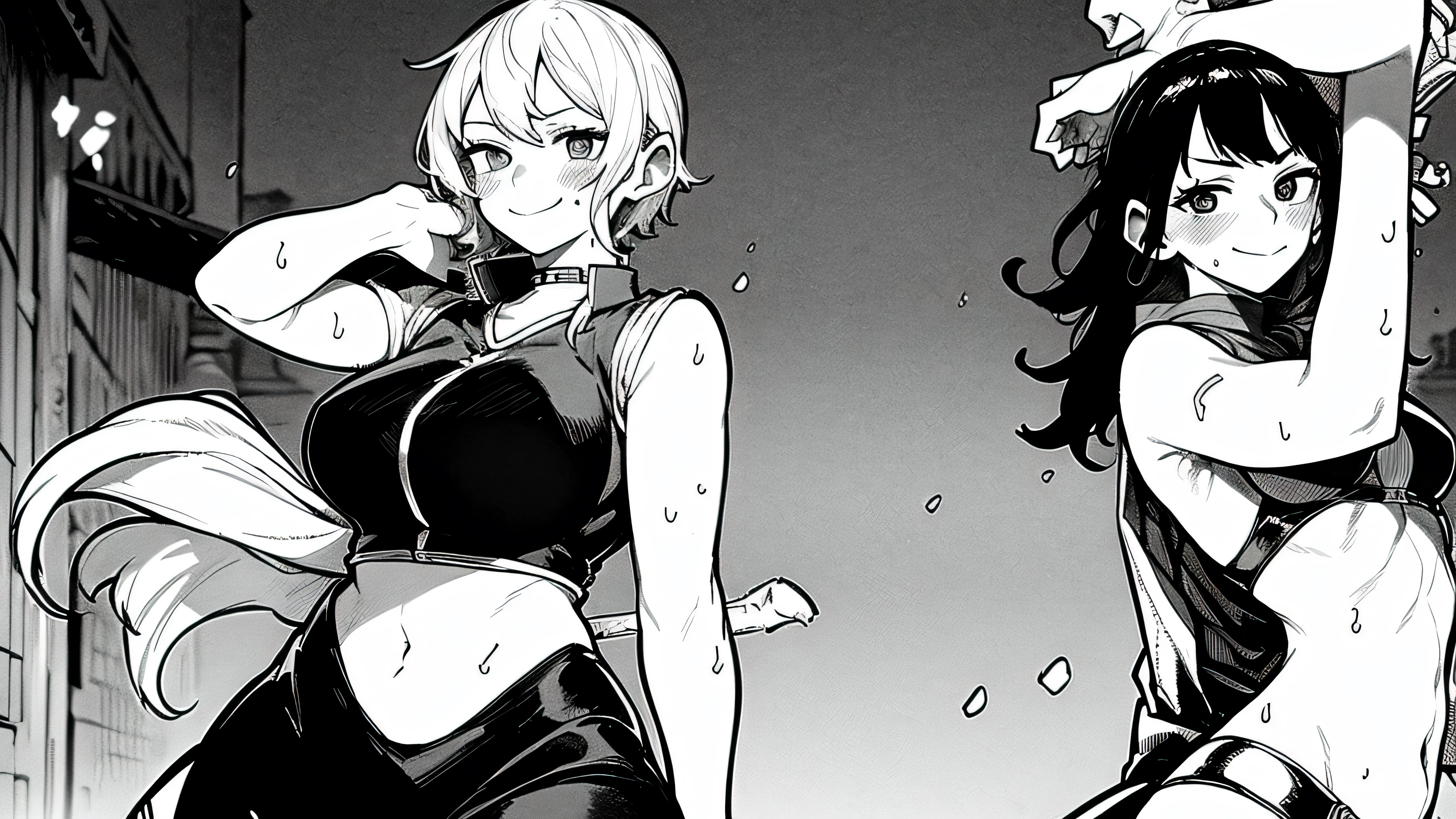 Tow Women with sword blushing, one woman is little bend with mocking smile, old town alley in background, black and white manga image