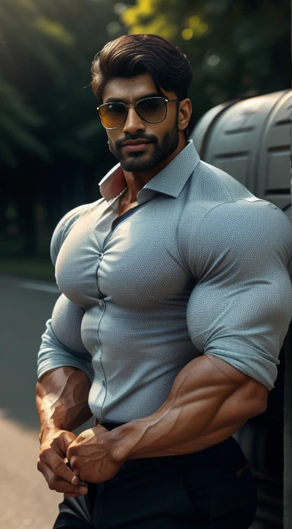 An award-winning original photo, little smiled, dimples, a wild handsome muscular indian man,(25 years old:1.3), 1boy in one photo, Solo, (looking in camera), (formal shirt with folded cuffs and opened top four buttons with formal trouser), dairy in hand, waking on road in sunlight, sunglasses, from side view, black hair, (big shoulders), musculature, stubbles, beard, earbuds, Beautiful eyes:1.3, ), (Detailed face:1.3), dimples, (holded penis), Dynamic front Angle view, volumetric lighting, (Best quality, A high resolution, Photorealistic), Cinematic lighting, Masterpiece, RAW photo, Intricate details, hdr, depth of field, upper body, His perfect huge bulge,masterpieces 
