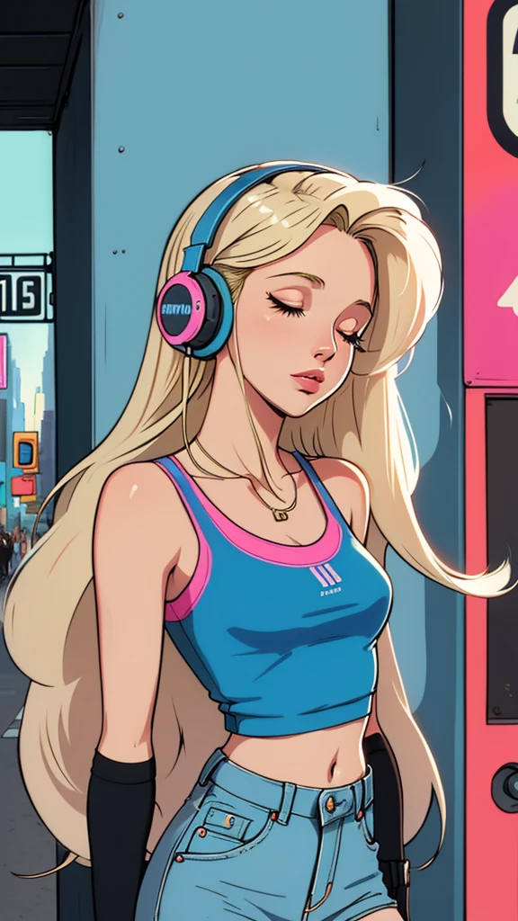 Street fashion girl, blue headphones, LOFI Retro, stylish, 1980s, new york city, morning, beautiful blonde long hair woman in her 20s, close your eyes