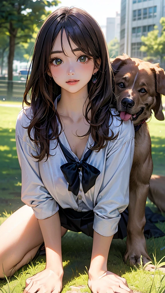 (masterpiece:1.2, top-quality), (realistic, photorealistic:1.4), beautiful illustration, (natural side lighting, movie lighting),
looking at viewer, cowboy shot, front view:0.6, 1 girl, japanese, high school girl, perfect face, cute and symmetrical face, shiny skin,
(long hair:1.8, straight hair:1.7, light brown hair), parted bangs, emerald green eyes, long eye lasher, (large breasts:0.9, thick thighs),
beautiful hair, beautiful face, beautiful detailed eyes, beautiful clavicle, beautiful body, beautiful chest, beautiful thigh, beautiful legs, beautiful fingers,
(A girl is on all fours in a grassy field. A girl is carrying a large dog on her back.)A complete body. Full hands and legs.
(The woman is on all fours with a large dog on her back.) Perfect body.
Her nipples are standing even on her shirt. (The skirt is shorter than normal, but even shorter, so short that you can almost see her panties.)The girl has brown hair.
(The skirt is extremely short.) The girl's hair is brown.