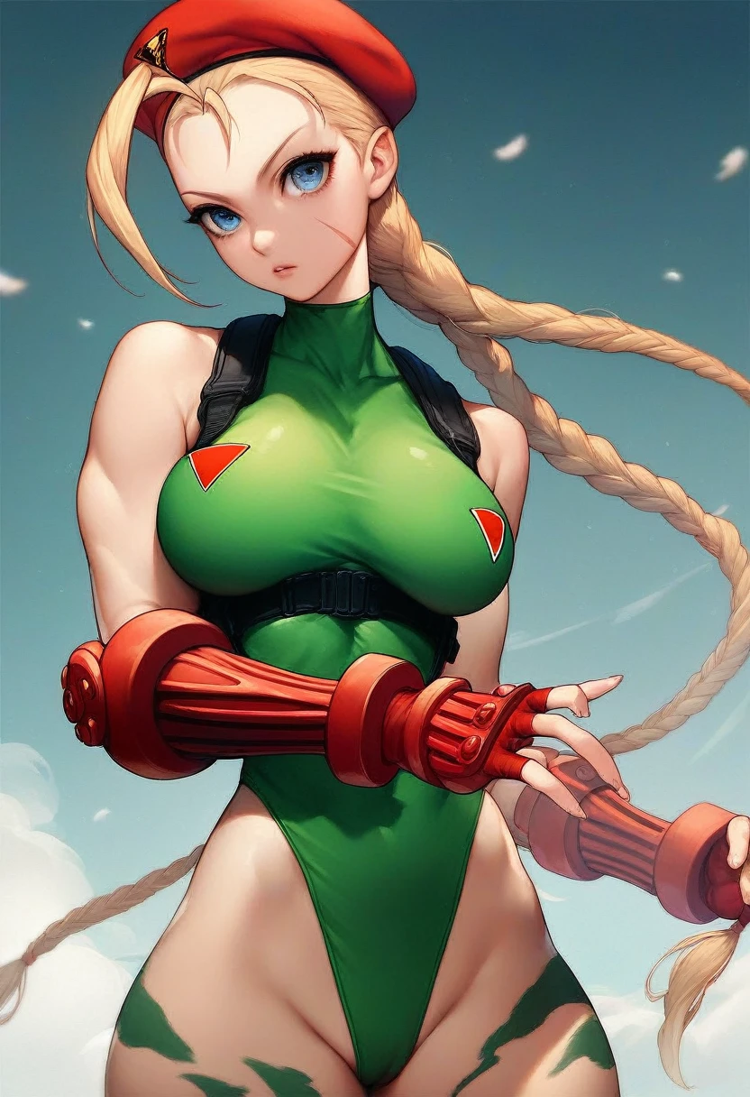 score_9, score_8_up, score_7_up, score_6_up, score_5_up, score_4_up, source_anime, medium shot, Street fighter Cammy white, red beret, leotard outfit, big breasts、sexy pose, anime big eye