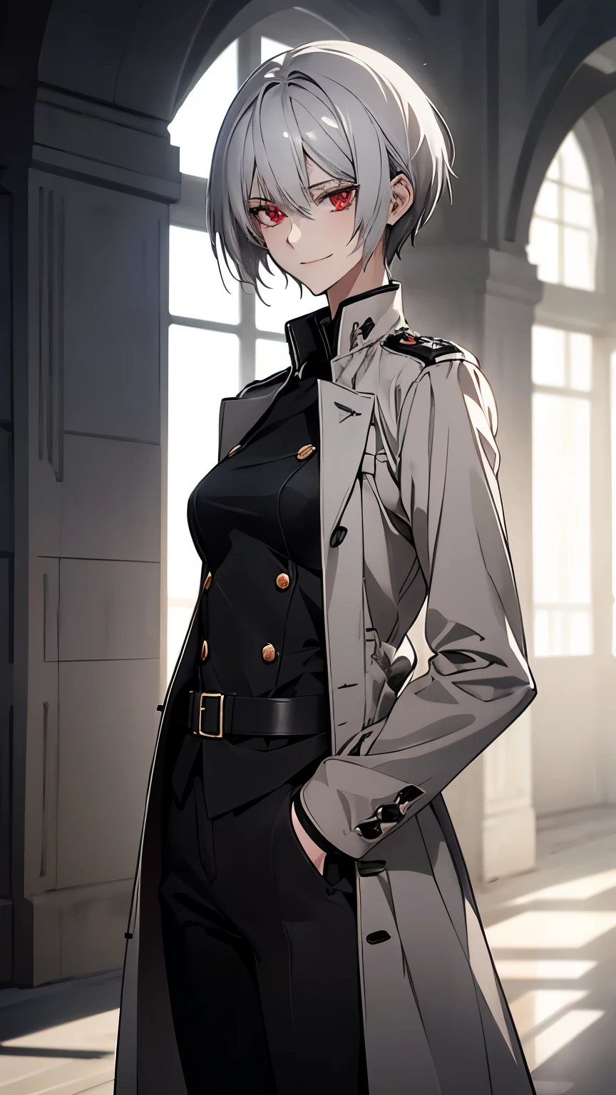 (Confused, High resolution, Very detailed), 1 female, Silver Hair,Short Hair,Bright red eyes,White and black military uniform,24th generation,beauty,mature,thin,quiet,Calm,A small smile,A kind smile,In front of people you like,Long coat,Slender and thin,boots,skinny pants,observatory,Small breasts,