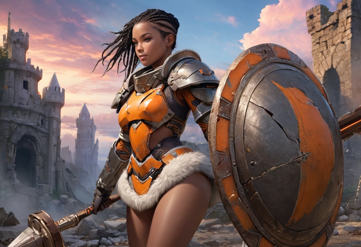 Close up of African woman with (short black dreadlocks), dark skin, black hair pulled back, wearing a (heavy orange mechanical armor, power armor covering her chest and arms, orange breast plate), with large (round orange shoulder pads), chipped paint, (visible wires and gears connect the shoulder pads to the armored gloves), wires and cables run down her arms. in contrast to her high tech armor she wears fur on her lower body. Fur trim. Loincloth, (fur shorts, fur skirt:1.2). (bare hips, bare thighs, bare legs). Castle ruins background, large broken stones litter the area. Show her holding a mace and shield. multicolor sky, colorful clouds. (best quality,4k,8k,highres,masterpiece:1.2), ultra-detailed, (realistic,photorealistic,photo-realistic:1.37),(Numerous award-winning masterpieces, incredibly detailed and textured, maximal resolution and clarity), (Hyper-realistic:1.4), (Realistic:1.3), super quality, beautiful detail, super detailed, extra fine, 16K, exquisite, absurd, high resolution