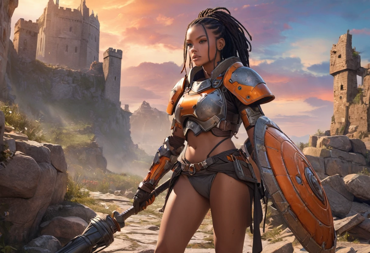 Close up of African woman with (short black dreadlocks), dark skin, black hair pulled back, wearing a (heavy orange mechanical armor, power armor covering her chest and arms, orange breast plate), with large (round orange shoulder pads), chipped paint, (visible wires and gears connect the shoulder pads to the armored gloves), wires and cables run down her arms.  in contrast to her high tech armor she wears fur on her lower body.  Fur trim. Loincloth, (fur shorts, fur skirt:1.2). (bare hips, bare thighs, bare legs). Castle ruins background, large broken stones litter the area. Show her holding a mace and shield. multicolor sky, colorful clouds. (best quality,4k,8k,highres,masterpiece:1.2), ultra-detailed, (realistic,photorealistic,photo-realistic:1.37),(Numerous award-winning masterpieces, incredibly detailed and textured, maximal resolution and clarity), (Hyper-realistic:1.4), (Realistic:1.3), super quality, beautiful detail, super detailed, extra fine, 16K, exquisite, absurd, high resolution
