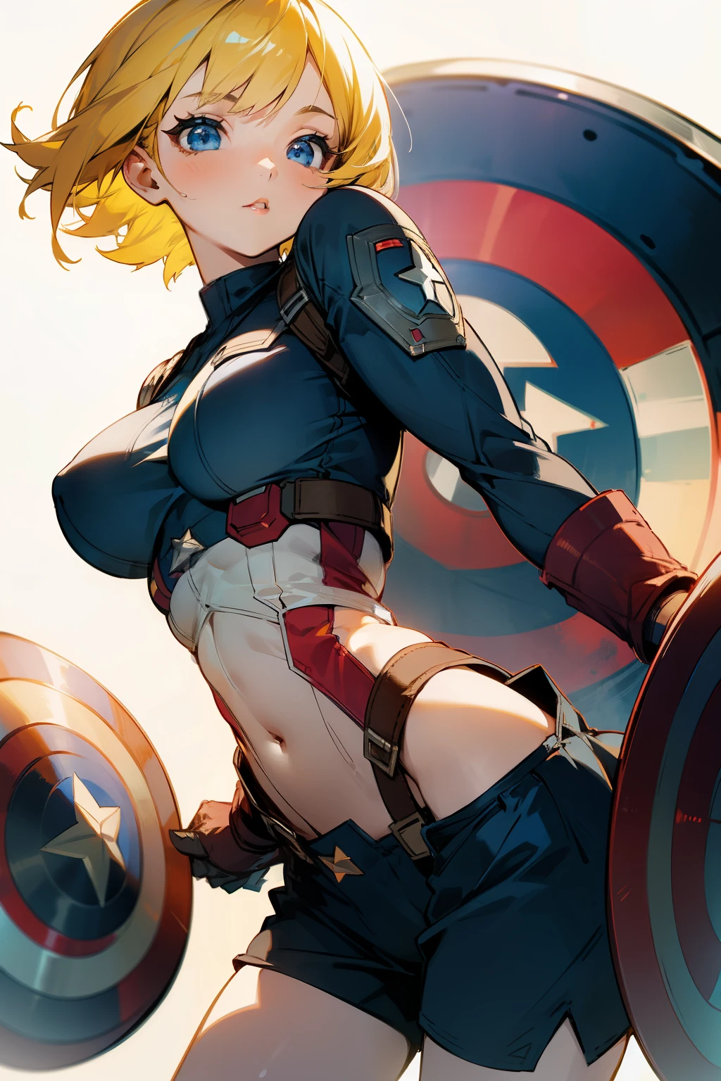 Cute girl, short yellow hair, blue eyes, Captain America shield, big breasts, exposed stomach, short pants, 