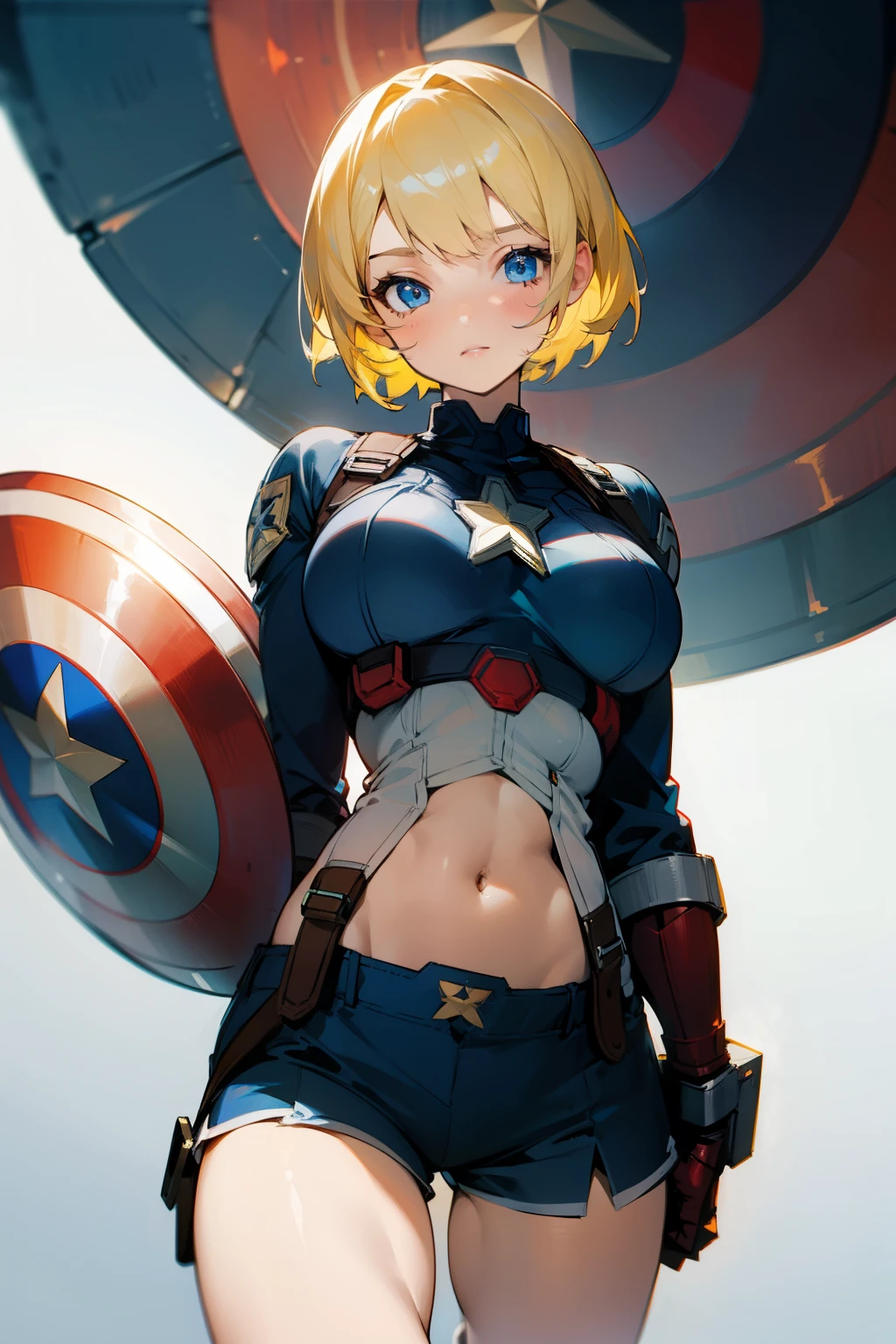 Cute girl, short yellow hair, blue eyes, Captain America shield, big breasts, exposed stomach, short pants, 