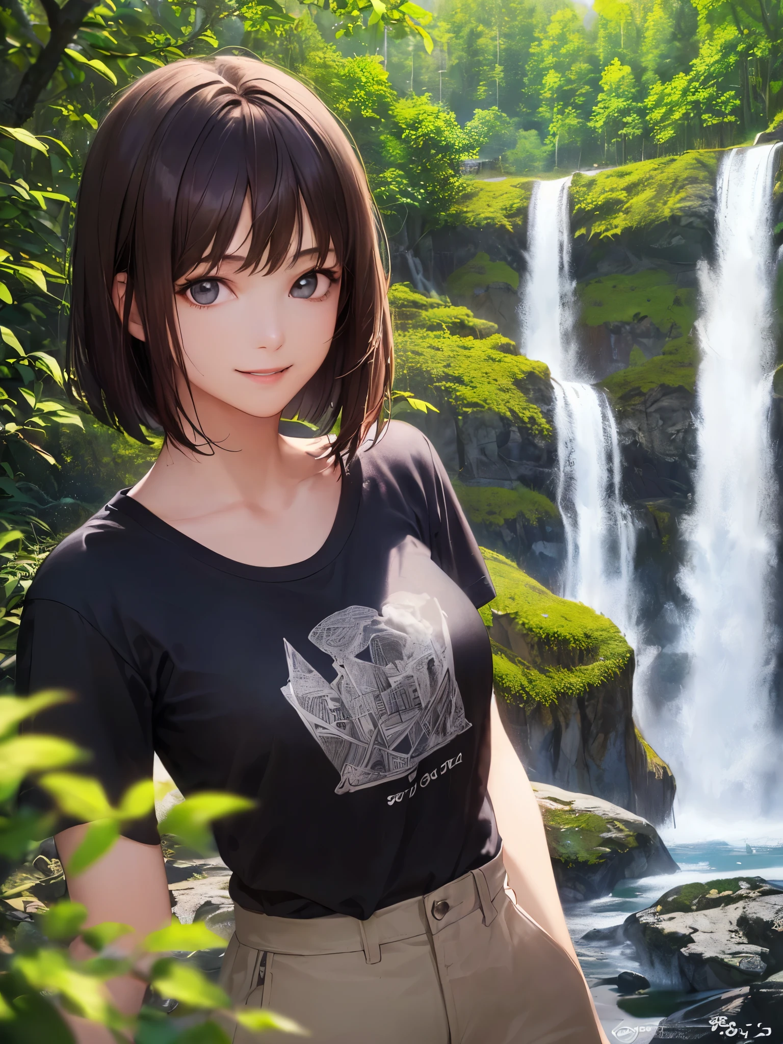 "[Brunet's short hair with trimmed sides: 1.2, white bikini, gold beads: 1.1, gold ring, gold bracelet, meadow, flowers: 1.1, waterfall, blue sky, sun, bird in the sky: 1.1] --myself" --auto