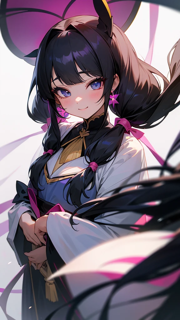 One girl, Long Hair, chest, Gaze, bangs, smile, Black Hair, ribbon, Twin tails, ribbonヘアアクセサリー, Earrings, Heavy makeup,
