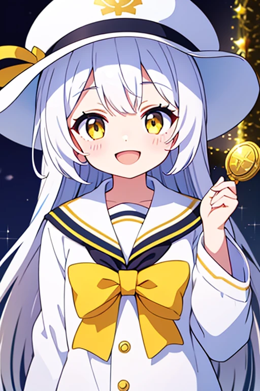 Smiling and open mouth、White hat with gold decoration、Long white hair、Yellow Eyes、Sailor'White Uniform