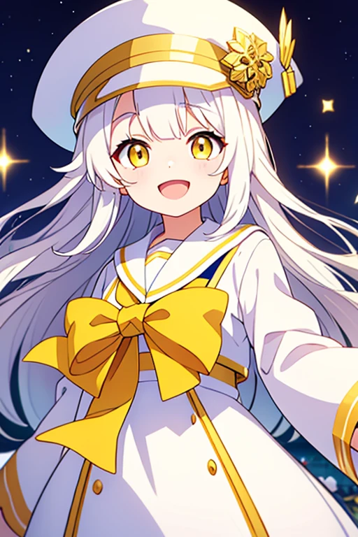 Smiling and open mouth、White hat with gold decoration、Long white hair、Yellow Eyes、Sailor&#39;White Uniform