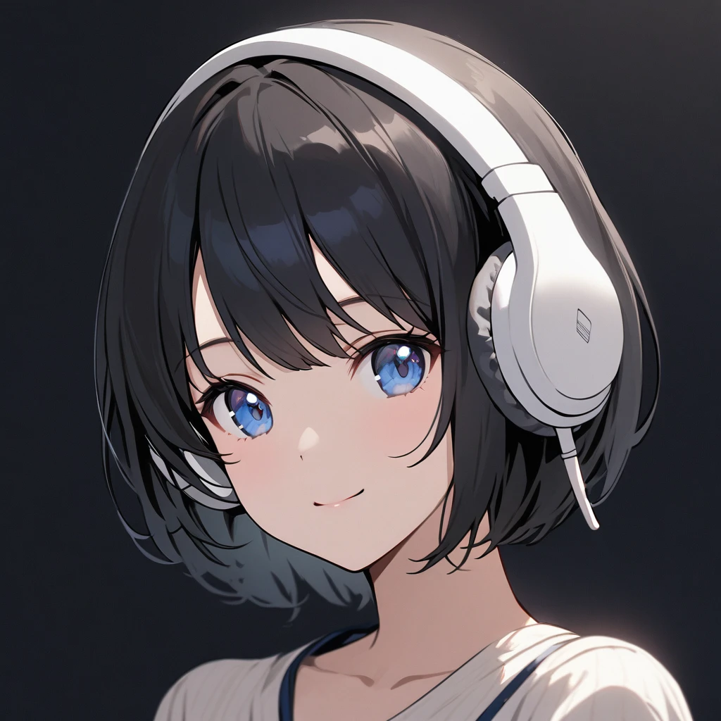 beautiful 1girl, solo, gentle smile on her face flat chest, short hair, black hair, beautiful blue eyes, young, adult woman, blank background, while wearing wireless white headphones, face only