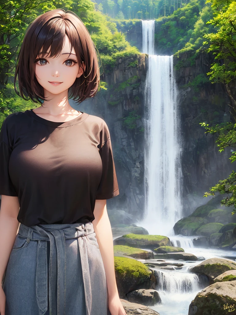 (Highest quality、8k、32K、masterpiece)、(Realistic)、(Realistic:1.2)、(High resolution)、Very detailed、Very beautiful face and eyes、(((Women's Solo Shot)))、Frame 私n、Tight waist、(Highest quality、Attention to detail、Rich skin detail)、(Highest quality、8k、Oil paints:1.2)、(Realistic、Realistic:1.37)、Bright colors、(((Bust Shot)))、(((Bob Hair)))、(((smile)))、(((Brown Hair)))、(((ピンクでT-shirt with writing)))、(((T-shirt with writing)))、(((Black T-shirt)))、(((You can see a big waterfall)))、(((In the forest、Mountain trail)))、((I'm stroking my hair))、(((blue sky)))、(((She is wearing a denim mini skirt)))