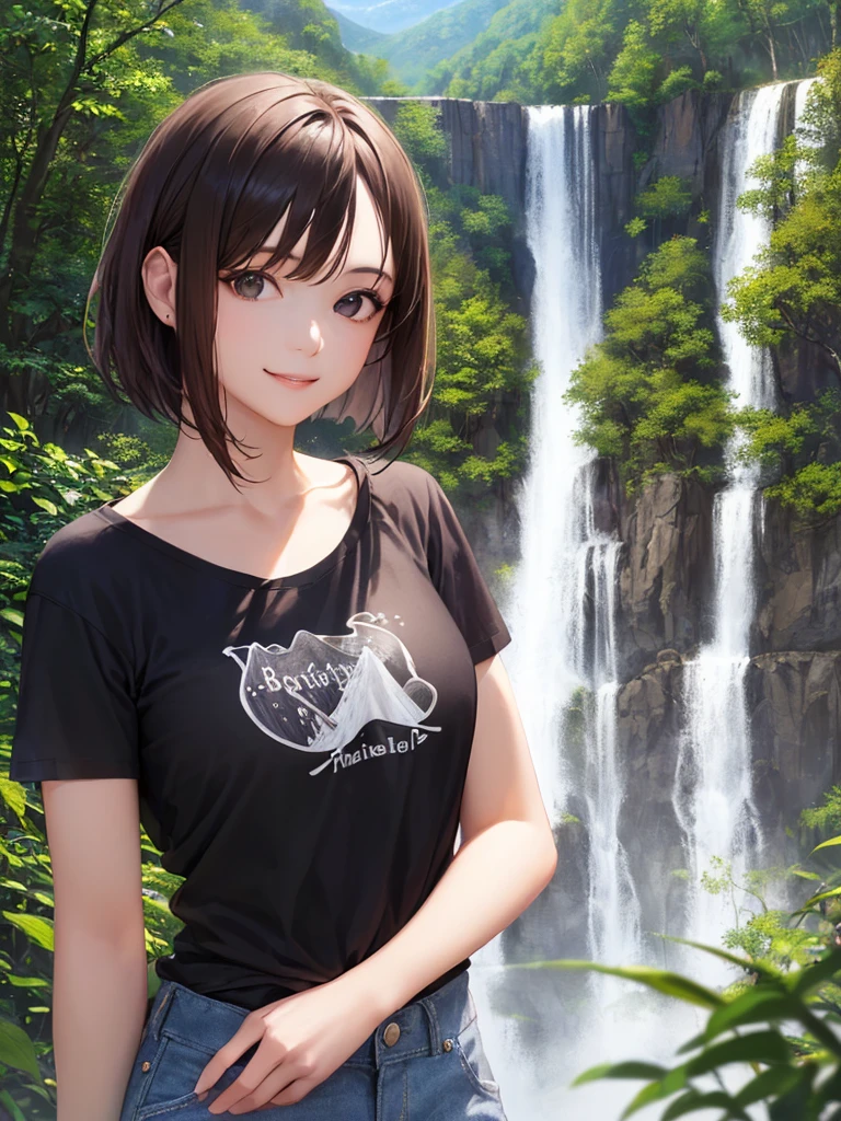 (Highest quality、8k、32K、masterpiece)、(Realistic)、(Realistic:1.2)、(High resolution)、Very detailed、Very beautiful face and eyes、(((Women's Solo Shot)))、Frame 私n、Tight waist、(Highest quality、Attention to detail、Rich skin detail)、(Highest quality、8k、Oil paints:1.2)、(Realistic、Realistic:1.37)、Bright colors、(((Bust Shot)))、(((Bob Hair)))、(((smile)))、(((Brown Hair)))、(((ピンクでT-shirt with writing)))、(((T-shirt with writing)))、(((Black T-shirt)))、(((You can see a big waterfall)))、(((In the forest、Mountain trail)))、((I'm stroking my hair))、(((blue sky)))、(((She is wearing a denim mini skirt)))