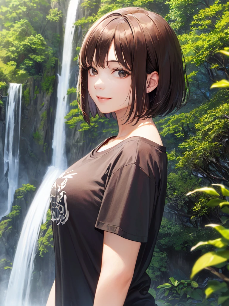 (Highest quality、8k、32K、masterpiece)、(Realistic)、(Realistic:1.2)、(High resolution)、Very detailed、Very beautiful face and eyes、(((Women's Solo Shot)))、Frame 私n、Tight waist、(Highest quality、Attention to detail、Rich skin detail)、(Highest quality、8k、Oil paints:1.2)、(Realistic、Realistic:1.37)、Bright colors、(((Bust Shot)))、(((Bob Hair)))、(((smile)))、(((Brown Hair)))、(((ピンクでT-shirt with writing)))、(((T-shirt with writing)))、(((Black T-shirt)))、(((You can see a big waterfall)))、(((In the forest、Mountain trail)))、((I'm stroking my hair))、(((blue sky)))、(((She is wearing a denim mini skirt)))