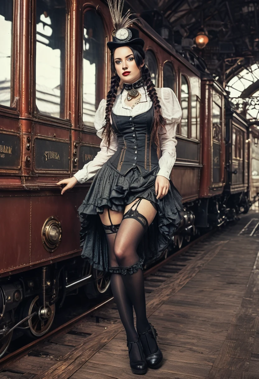 (Realisttic:1.2), analog photo style, faded color, Beautiful woman, posing, with freckles and long black hair braided, (steampunk dark fantasy atmosphere), she is wearing victorian dres and seamed stockings, soft natural light, cute and sexy, great quality, wear a cute Strampunkdress and looks at you, steampunkroom, Masterpiece, detailed strange background, better performance, 16k quality, HDR, RAW photo, Steampunk Train Station, Steampunk Train
