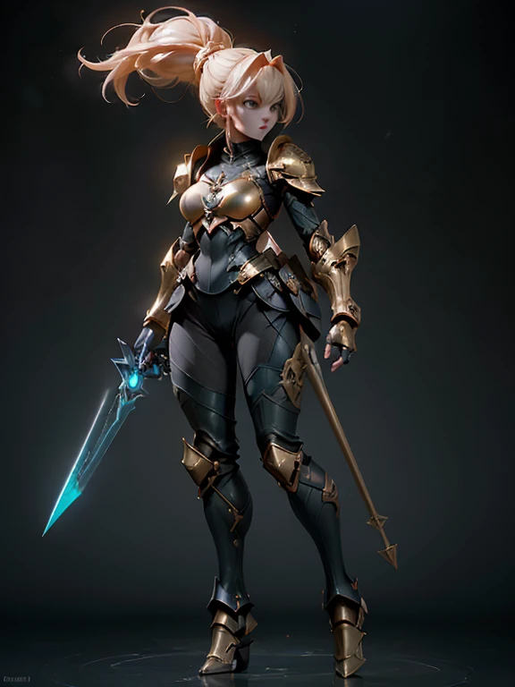 Imagina imagen en calidad 4k, perfectamente detallada, same character, de una chica maid en armored leotard, armored mini skirt, pelvic curtain, en un estilo anime, ((full body)), exagerated hip bones, de pie, de pie, piernas separadas, pelo largo castaño, pechos medianos, botas de placas de tacon, fur cape, breast plate, crotch plate, partialy visible vulva, withe background, nfsw
