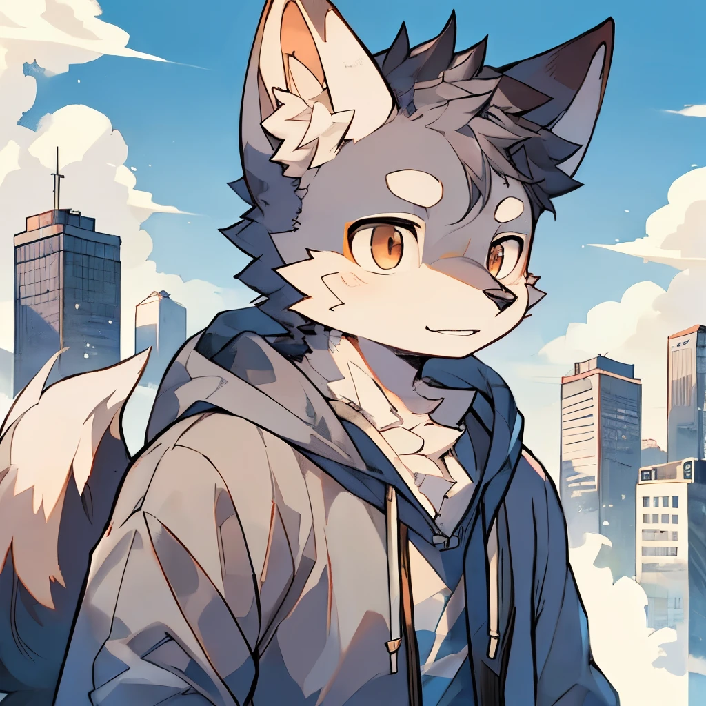 masterpiece, best quality, side, hairy, male, 18 years old,(Wolf), (Gray fur), Solitary, Handsome, (Grey sweatshirt), Relatively loose,City, avatar, Upper Body, Dynamic Angle, cloud, Detailed background, blue sky, Sunlight