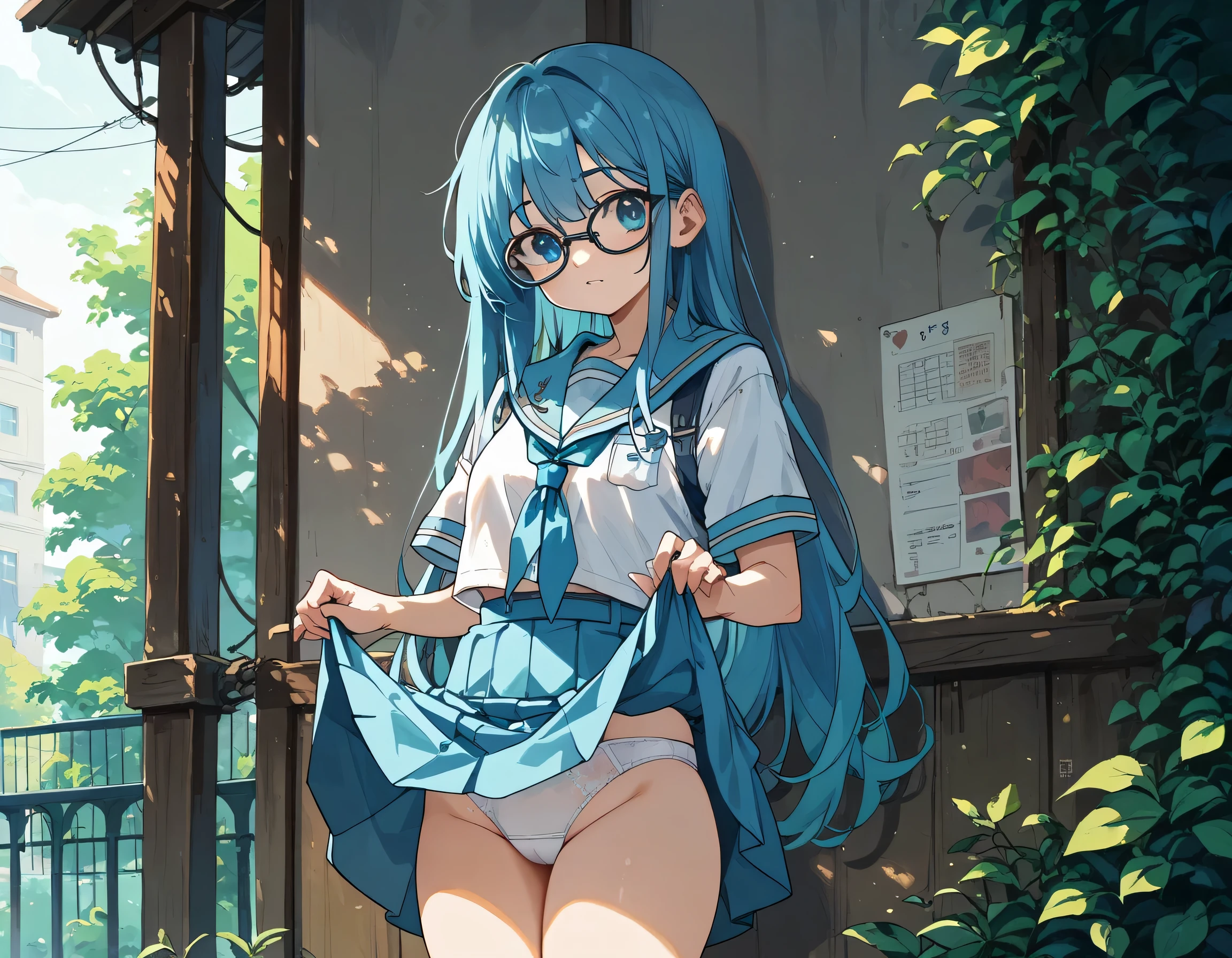sticking to shirt、Her are visible through her shirt、Blue flared skirt、She lifts her skirt to show her cute white underwear、Long haired girl wearing glasses