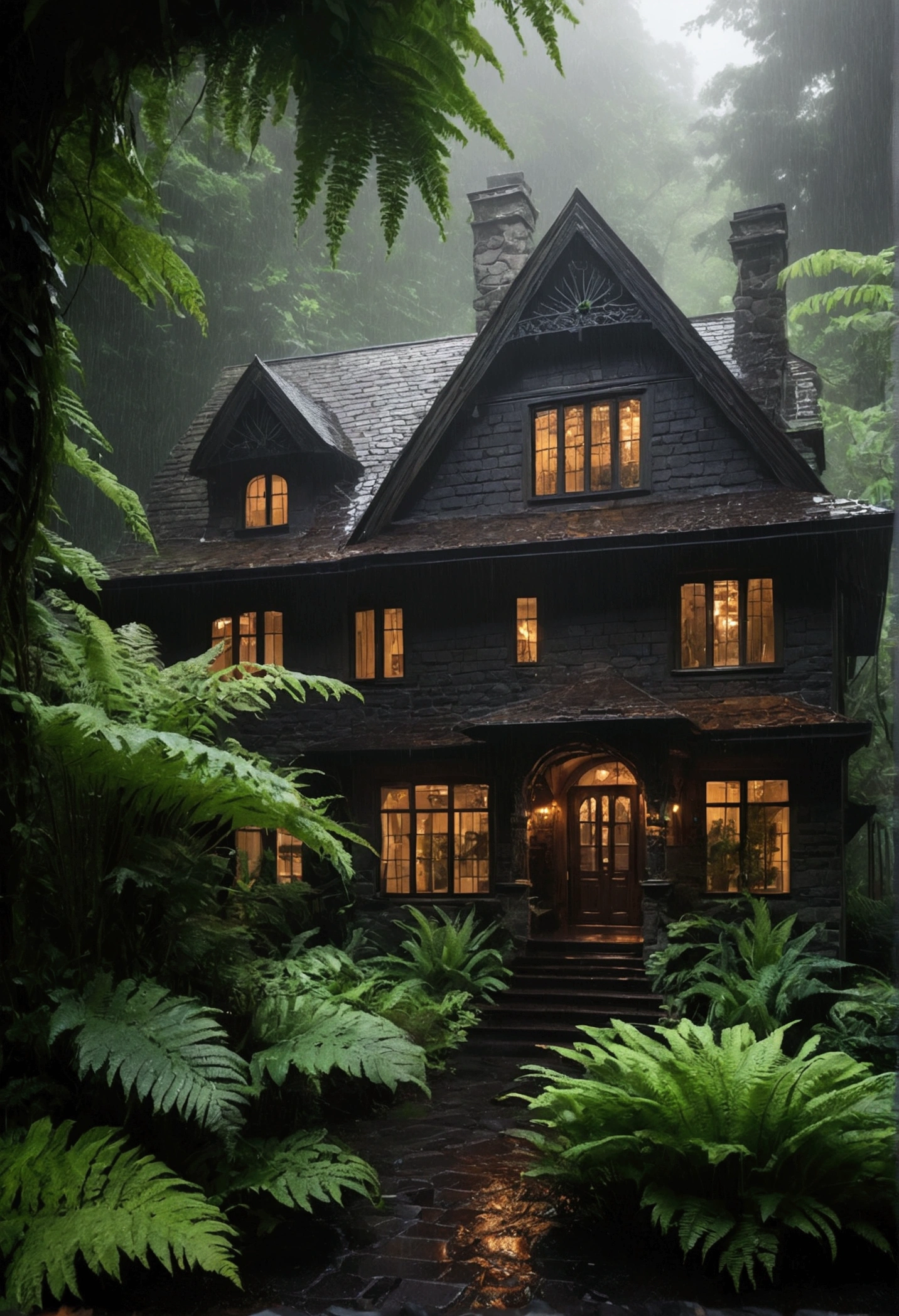 A captivating image of a dark, enchanting wooden house nestled in a lush forest during a rainstorm. The house features intricate architectural details, with warm lights glowing from the windows, casting a cozy ambiance against the moody backdrop. Surrounding the house are rich green ferns and plants, with a wet stone path leading to the entrance. The scene is shrouded in mist, creating a mystical atmosphere, captured in ultra-realistic detail, emphasizing the contrast between the warm interior light and the cool, rainy exterior.