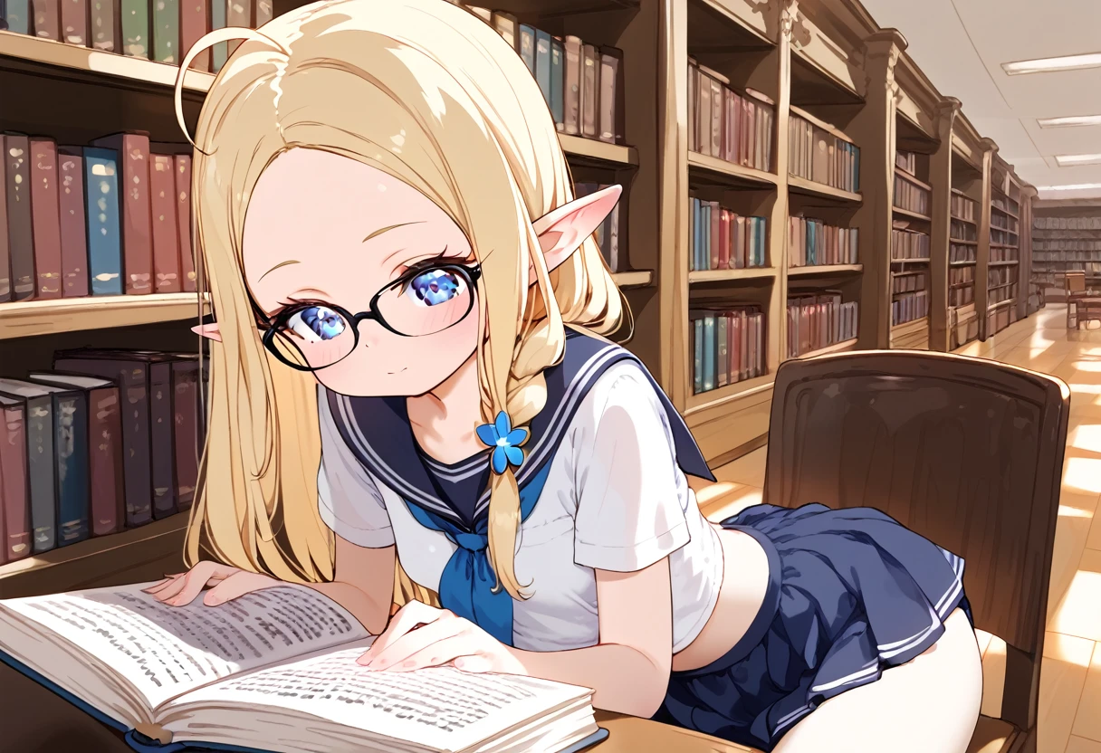 ((li)), solo, glossy blonde hair, forehead, blue eyes, beautiful detailed eyes, ahoge, elf, blush, library, small breasts, sitting on the chair, long hair, single braid, closed mouth, glasses, reading a book, serafuku