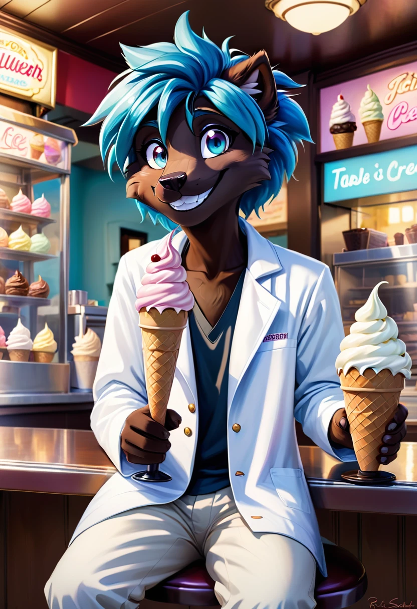 rick sanchez, black eyes, blue hair, white labcoat,brown pants, looking at viewer, smiling, sitting, behind a table, inside ice cream parlor, holding ice cream cone, playful ambiance,  high quality, masterpiece,  