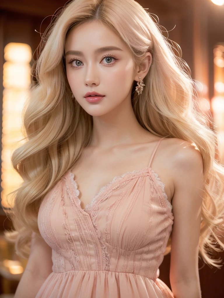 (close up of a beautiful 28 year old girl in a pink vintage dress), movie stock photos, camera f1. 6, saturated colors, Vibrant, lifelike textures, Impressive classic lighting, Modern style, sexy full body photo, Evening, Curly hair has just been dyed light blonde