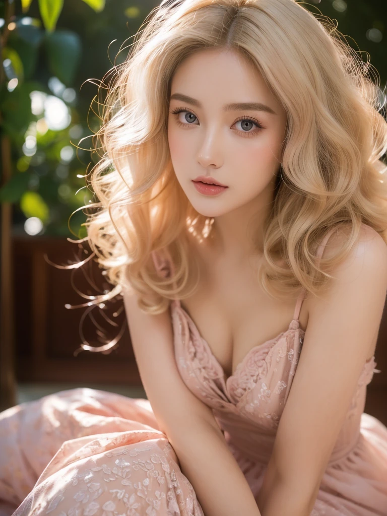 (close up of a beautiful 28 year old girl in a light pink vintage dress), movie stock photos, camera f1. 6, saturated colors, Vibrant, lifelike textures, Impressive classic lighting, Modern style, sexy full body photo, Evening, Curly hair has just been dyed light blonde