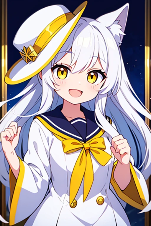 Smiling and open mouth、White hat with gold decoration、Long white hair、Yellow Eyes、Sailor&#39;White Uniform