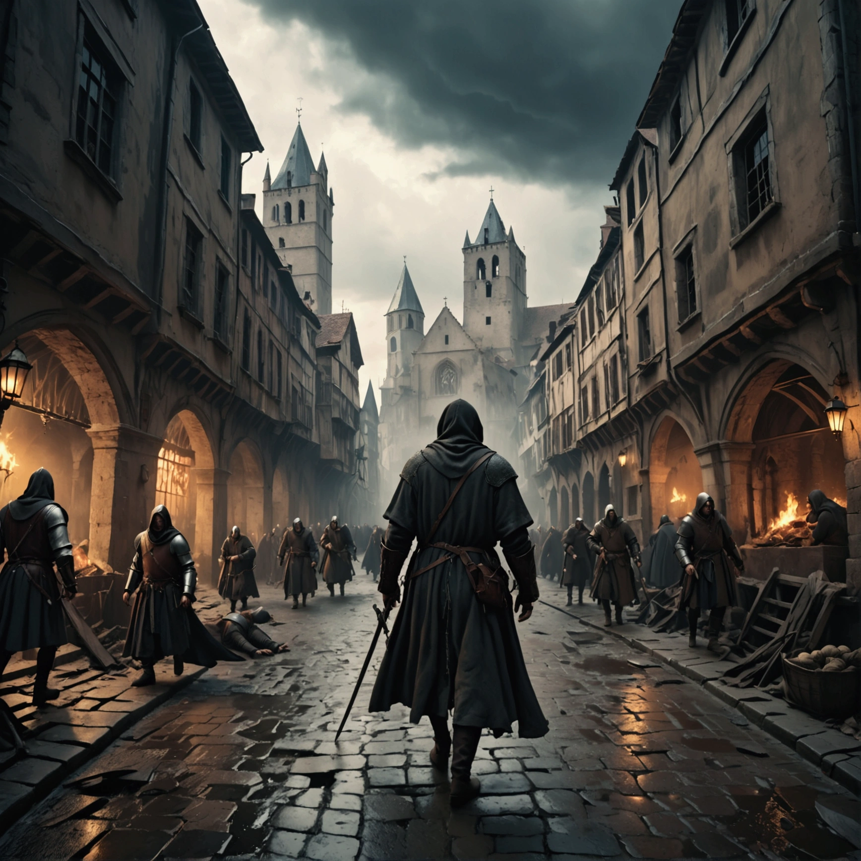 a man sick with the black plague, in a scenario of chaos in the middle ages, highly detailed, hyper realistic, cinematic dramatic lighting, dark gritty moody atmosphere, muted color palette, medieval era setting, crowded city street, people fleeing in panic, abandoned buildings, ominous clouds, dramatic camera angle, powerful composition, (best quality,4k,8k,highres,masterpiece:1.2),ultra-detailed,(realistic,photorealistic,photo-realistic:1.37)