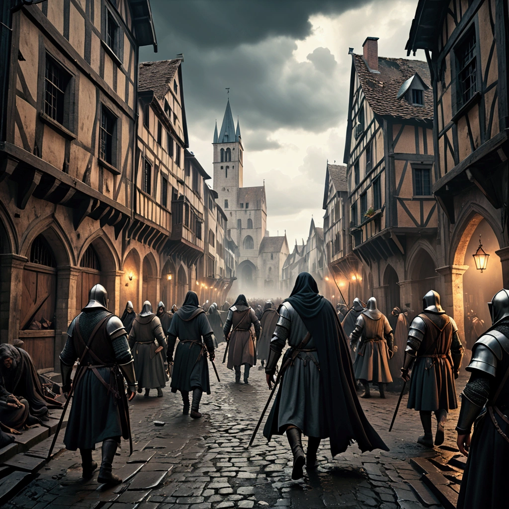 a man sick with the black plague, in a scenario of chaos in the middle ages, highly detailed, hyper realistic, cinematic dramatic lighting, dark gritty moody atmosphere, muted color palette, medieval era setting, crowded city street, people fleeing in panic, abandoned buildings, ominous clouds, dramatic camera angle, powerful composition, (best quality,4k,8k,highres,masterpiece:1.2),ultra-detailed,(realistic,photorealistic,photo-realistic:1.37)