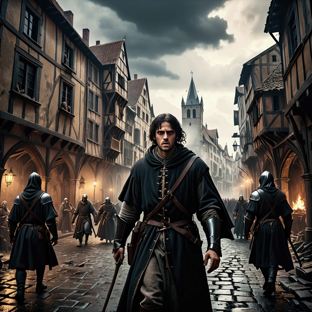a man sick with the black plague, in a scenario of chaos in the middle ages, highly detailed, hyper realistic, cinematic dramatic lighting, dark gritty moody atmosphere, muted color palette, medieval era setting, crowded city street, people fleeing in panic, abandoned buildings, ominous clouds, dramatic camera angle, powerful composition, (best quality,4k,8k,highres,masterpiece:1.2),ultra-detailed,(realistic,photorealistic,photo-realistic:1.37)