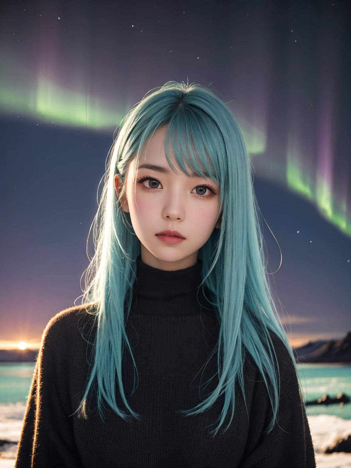 Aurora Background, Iceland, 1 woman, stylish clothes, Close-up of the upper body