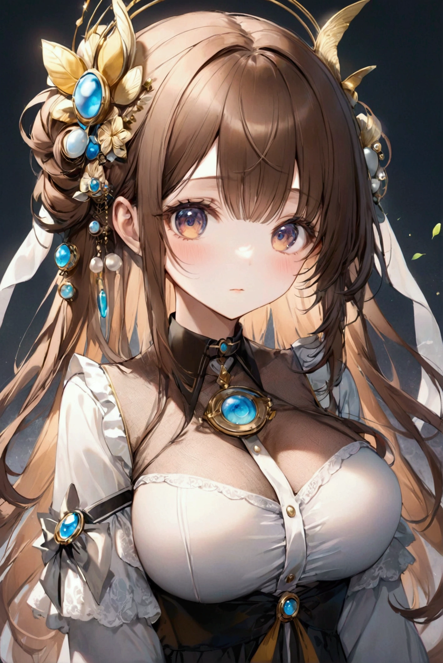 (Highest quality, 8k, 32K, masterpiece, Ultra-high resolution,:1.2),to be born, One Girl,So cute , hair ornaments, eye,Multicolored Hair,Upper Body,Brown Hair,dress, collar, 茶色のeye, 茶色のeye,bangs, Brown Hair,Long Hair, 真面eyeな顔, A fantasy background reminiscent of an electronic world, Large Breasts