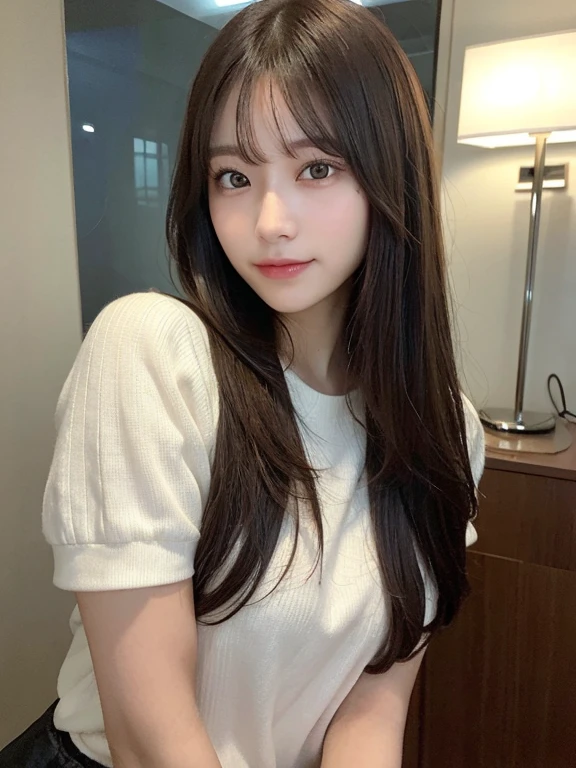 (masterpiece:1.3), (8k, Photorealistic, RAW Photos, Best image quality: 1.4), 20-year-old girl、(Random Hairstyles:1.2)、Super detailed face、Attention to detail、double eyelid、Sharp focus:1.2、Beautiful woman:1.4、Light brown hair、Highest quality、masterpiece、Ultra-high resolution、(Photorealistic:1.4)、Highly detailed and professional lighting、Brown nits、thin、smile、Black long hair、Deadly position、Clear Skin、Random pose、Shiny Hair、Sculpture model pose、