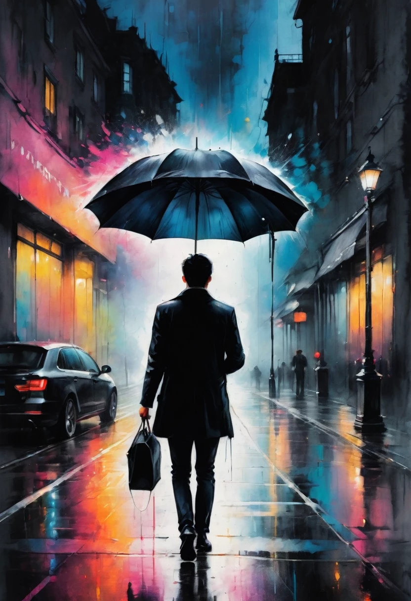 Dark rainy night, Holding a white umbrella, Umbrella Poster, Splash Punk Style, Paint Splash